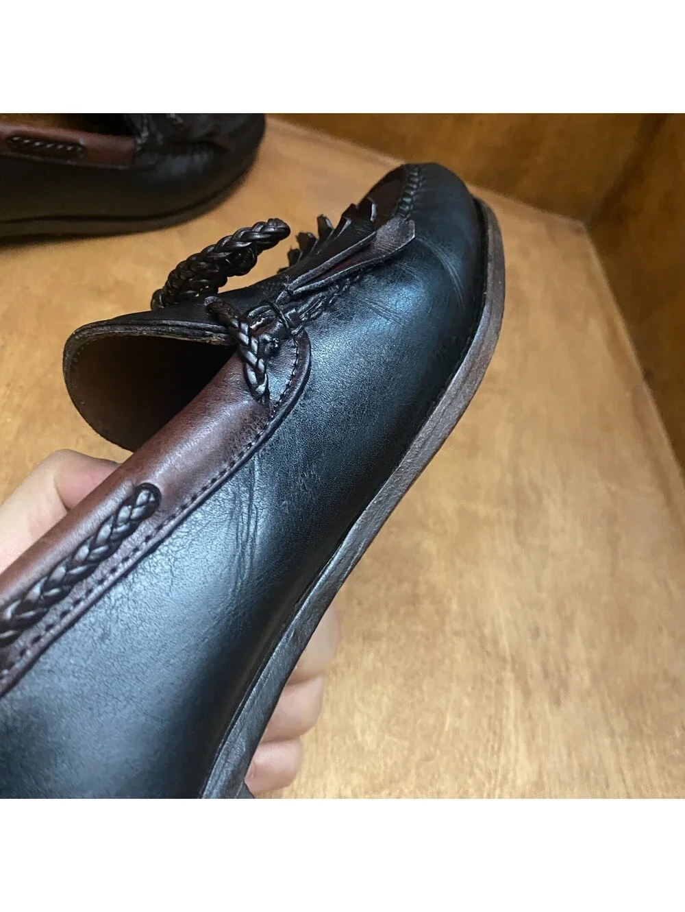 Vintage Woodstock Leather Kiltie Loafers Mens 10.5 D Black Brown Moccasin Shoes